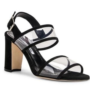 Manolo Blahnik Black Suede Khan 90 Pvc Clear Sandals Size 37